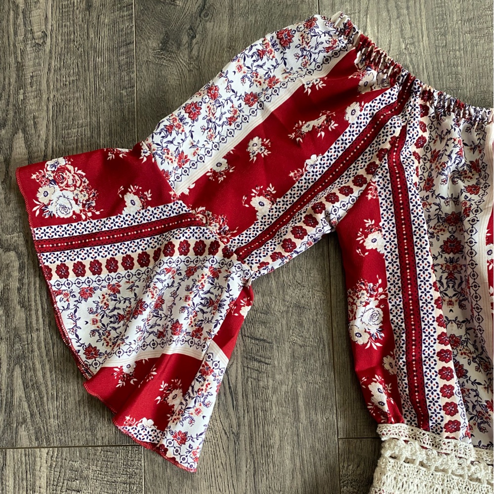 Rue21 Red Floral Off-Shoulder Romper with Crochet Waist - Picture 2 of 12